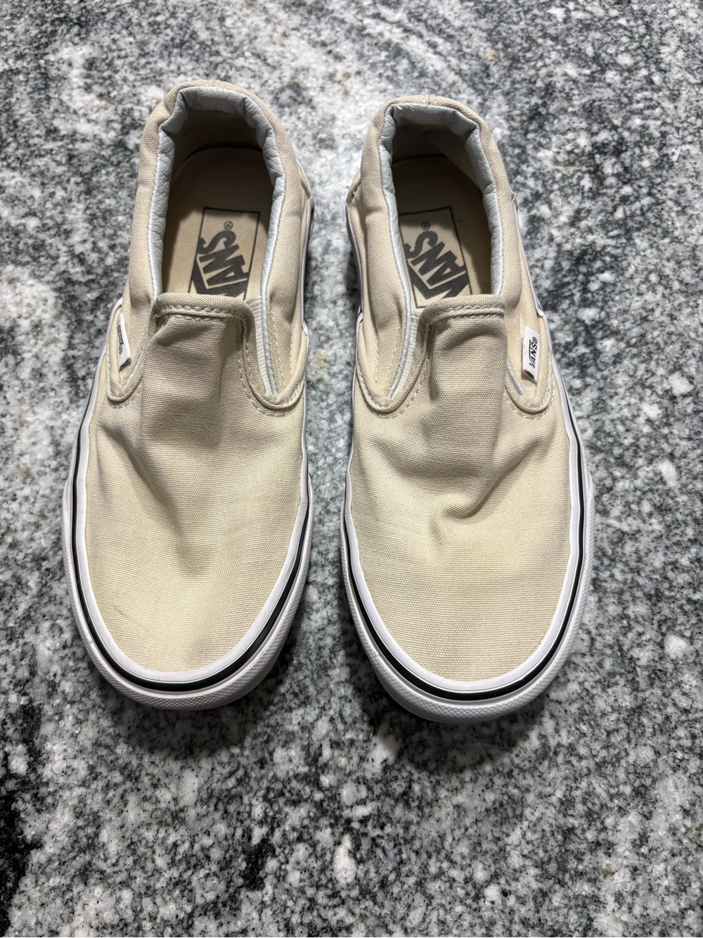 Vans Classic Slip-On Canvas Sneakers in Cream/white. Men size 5, women size 6.5